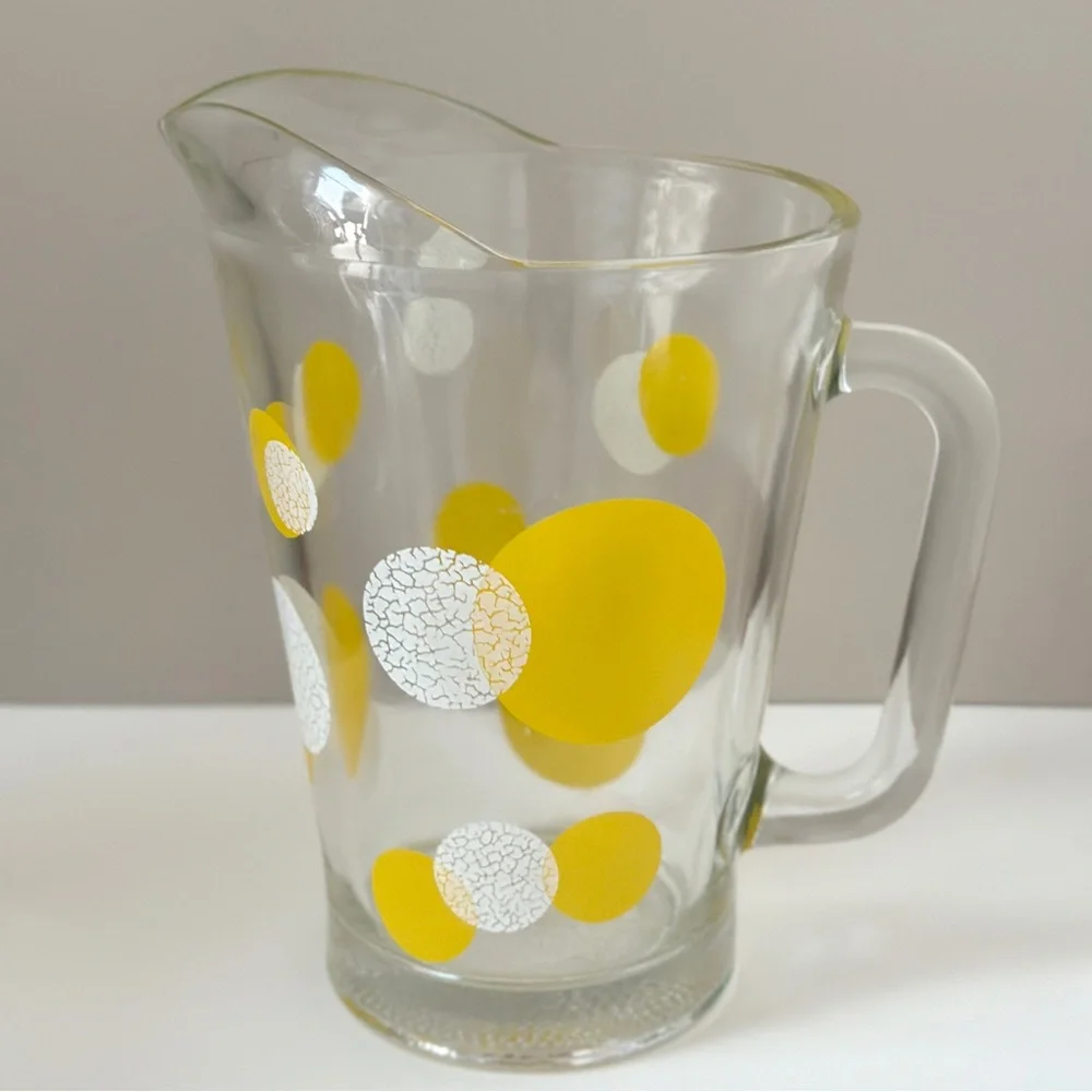 Mid Century Pitcher Polka Dots Glass Barware Yellow White Retro 70s 60s Kitchen